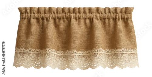 A rustic burlap valance with lace trim, ideal for a farmhouse kitchen window.