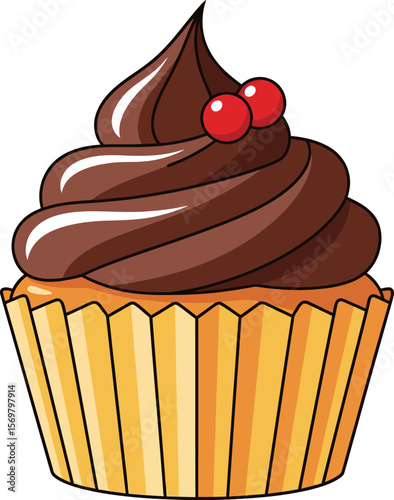 Delicious Chocolate Cupcake with Creamy Frosting and Red Berries