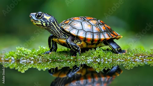 Tiny turtle perched on mossy leaf, reflection visible