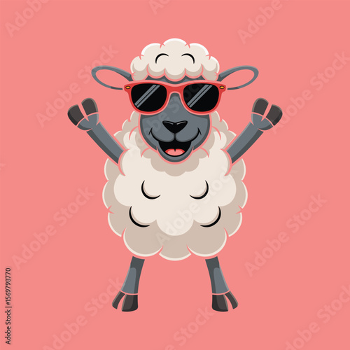 Cool cartoon sheep wearing red sunglasses, smiling and raising hands happily on pink background, fun farm animal illustration for kids and merchandise.

.