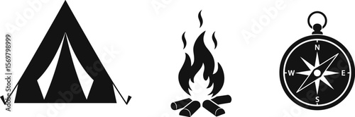 Camping adventure essentials vector icons tent bonfire compass for outdoor navigation and survival gear vector