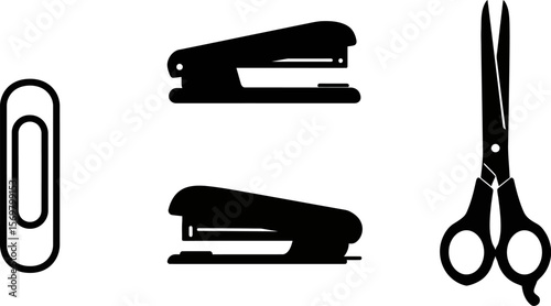 Office supplies clip stapler scissors black and white vector illustration for design and decoration vector