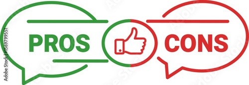 Pros and cons list comparison chart with thumbs up icon for decision making and analysis of advantages and disadvantages vector
