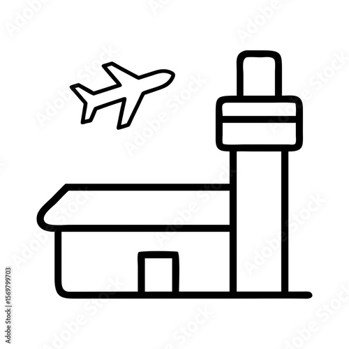 Airport terminal with control tower and airplane vector icon for travel and transportation designs