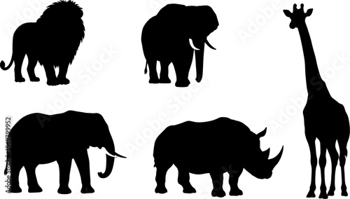 Black silhouette african animals vector illustration featuring lion giraffe elephant rhino wildlife art vector
