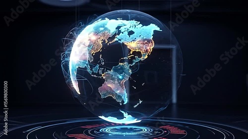 Digital dashboard showing animated holographic world map with glowing transitions