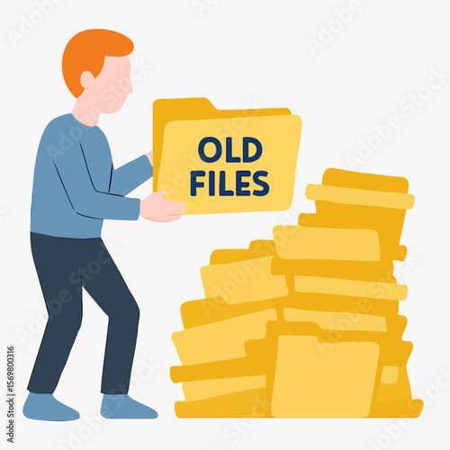 Simple Flat Illustration of Man Holding Old Files on a Folder