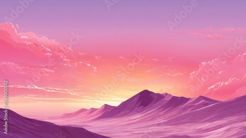 Beautiful purple desert mountains at sunset with vivid pink and orange sky and soft clouds in warm evening light