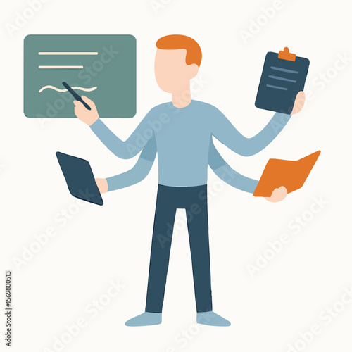 Flat Design Multitasking Business Man Holding Tablet, Book, Clipboard and Pointer