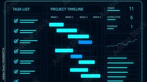 A detailed project timeline infographic displaying tasks, progress, and completion rates. Ideal for presentations, project management, and tracking project milestones effectively.