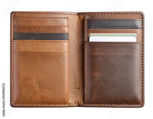 Open Simple Stitching Wallet Displaying Card Slots and Cash Compartment, Overhead View, Isolated on Transparent Background