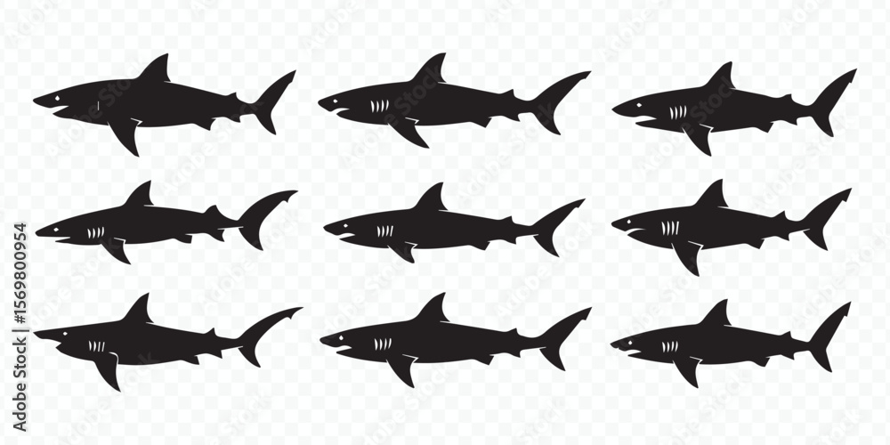 Fototapeta premium nine black shark silhouettes in various swimming poses for marine and ocean design