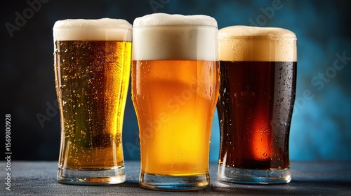 Wallpaper Mural Three Beer Glasses with Foam and Droplets on Dark Background, Ideal for International Beer Day Promotion, Pub Menu Design Torontodigital.ca