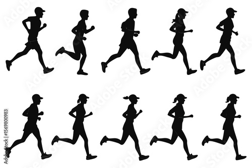 Vector silhouettes of people, women, and men engaged in sports, dance, running, jumping, and various fitness actions, perfect for athlete and dancer illustrations