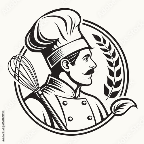 Black and White Hand Drawn Chef Logo Whisk Wheat vector