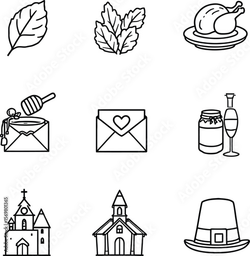 The leaf, The roasted chicken, The envelopes, The jar and glass, The church and chapel hint, And the pilgrim hat.