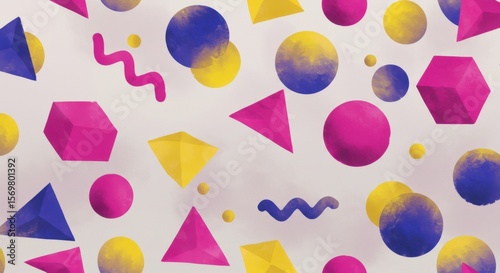 Playful geometric pattern with vibrant pink, yellow, and blue shapes on a light background