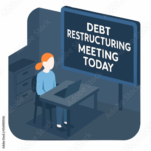 Isometric Business Debt Restructuring Meeting Scene Illustration with Woman and Laptop