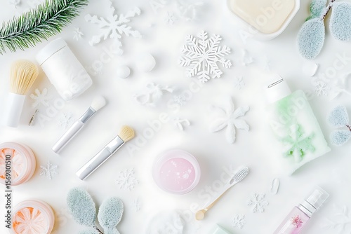 Winter skincare essentials and festive decorations arranged on a white background