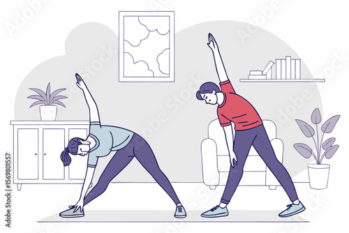 Man and woman illustrations of people running on treadmills, streets, and shopping, with business vector silhouettes