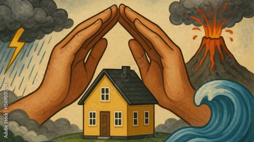 An illustration depicting hands sheltering a house from natural disasters like storms, volcanic eruptions, and waves