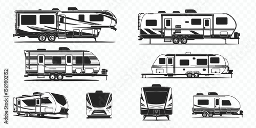 collection of detailed camp trailer and rv vectors for adventure, travel, and camping stock