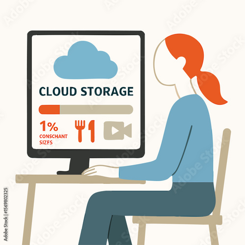 Flat Style Cloud Storage System and Woman Using Computer Illustration