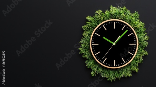 Greenery Framed Clock with Black Background and Modern Design Elements