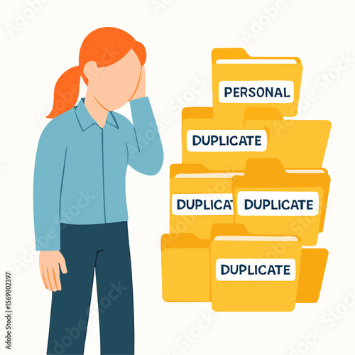 Flat Style Woman Overwhelmed by Duplicate Folder Files Illustration