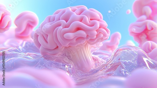 Abstract Pink Brain in Colorful Fluid with Soft Waves and Creative Background