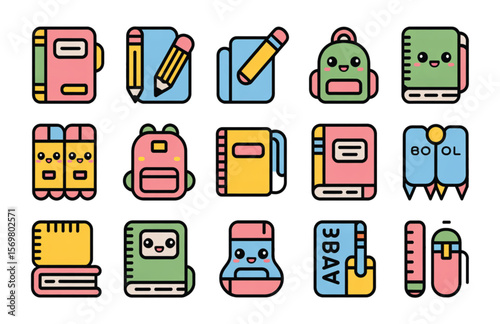 "Cute Flat Vector Icons: School Supplies & Stationery"

