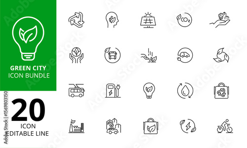 Green City Icons Pack – Sustainable Development, Zero Waste, Clean Energy, Eco Urban Smart Technology & Climate Action Vector Illustrations