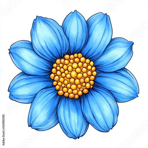 Vibrant Blue Flower with Radiant Yellow Center in Detailed Illustration