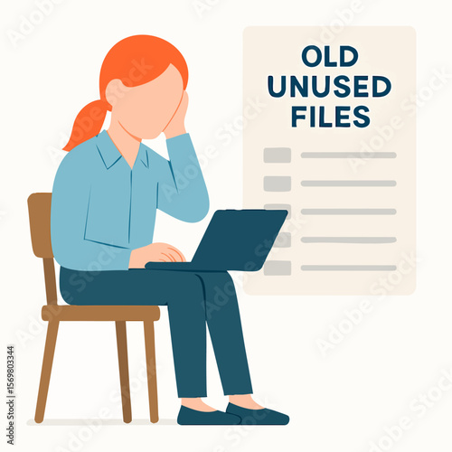 Flat Illustration of Woman Working on Laptop Regarding Old Unused Files