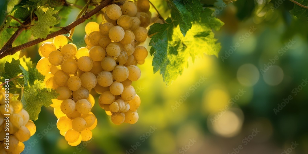 Fototapeta premium The Golden Bunches of Grapes Hanging on the Vine in Sunlight