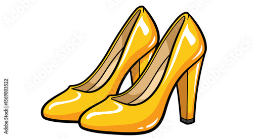 A pair of shiny yellow high heel shoes with a thick heel and black outline on a white background