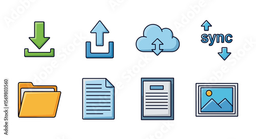 Illustration of file management icons including download upload folder and sync option presented well