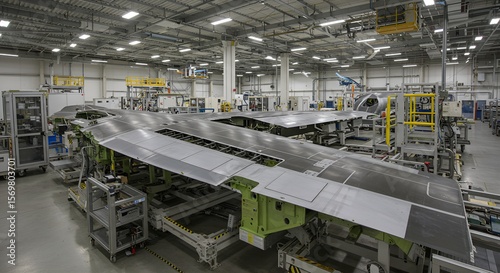 Aircraft wings undergo assembly inside modern factory showcasing industrial processes details