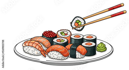 A delightful assortment of sushi rolls and nigiri served on a plate with chopsticks picking up a roll
