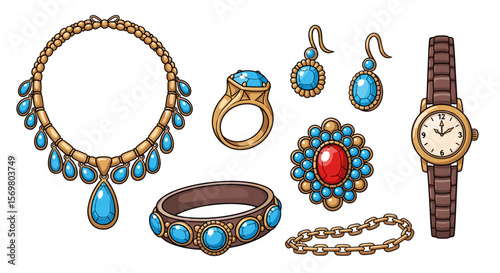 Assortment of jewelry including a necklace, earrings, rings, bracelets and a wristwatch on white background