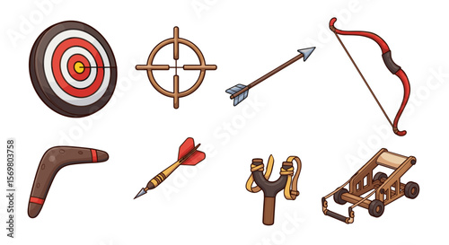 Collection of archery and launching weapons including bow target slingshot and trebuchet items set up well