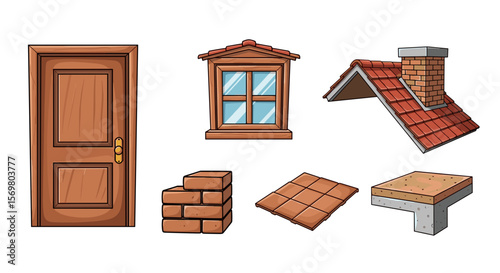 Illustration of building elements including a door window roof bricks and concrete structure design
