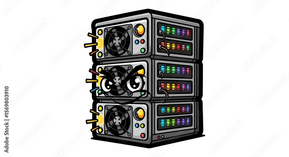 Obraz premium Cartoonish server stack with three units and an angry face in the middle unit with colorful lights
