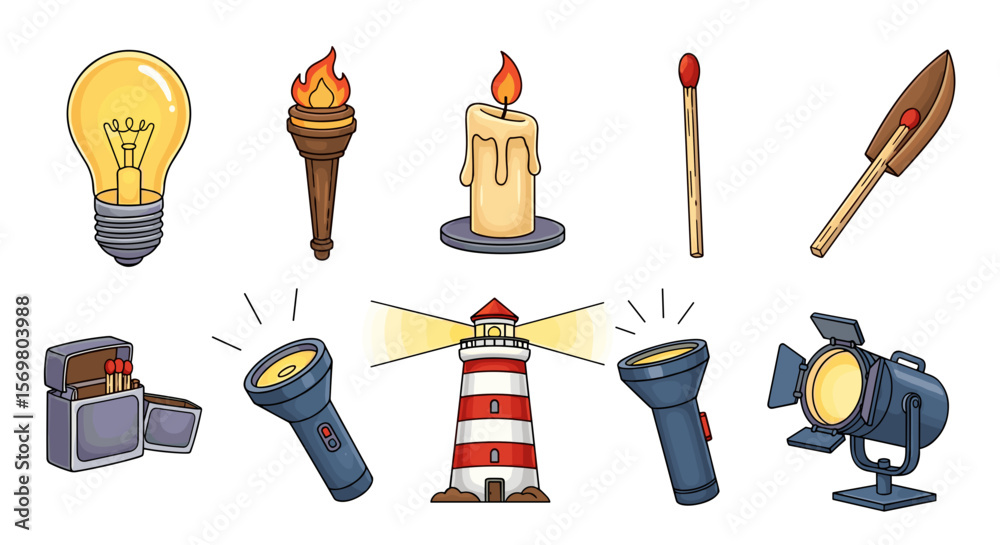 Illustration showing various sources of light including lightbulb torch candle and lighthouse image art 100