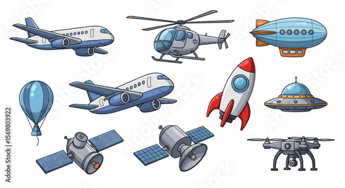 Illustration featuring a collection of various modes of transportation including air and space travel