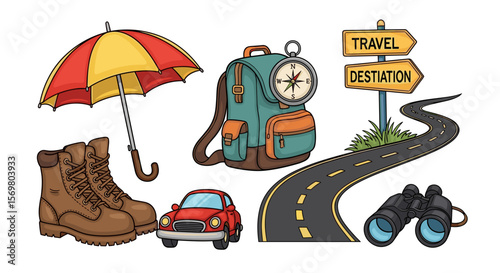 Cartoon travel themed illustration featuring backpack, umbrella, boots, car and road sign destination