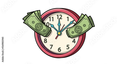 Illustration of a clock with money stacks on either side representing time is money concept