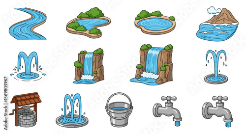 Illustration showing various water sources including river ponds waterfall fountain well bucket and tap collection