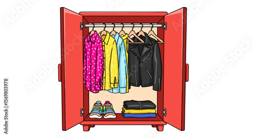 Red wardrobe with open doors revealing hanging shirts jacket and folded clothes with shoes inside it