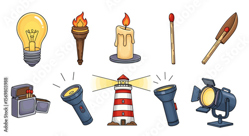 Illustration showing various sources of light including lightbulb torch candle and lighthouse image art 100